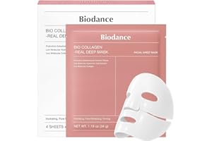 Biodance Bio Collagen Profond Masque Visage, Skincare Coréen Hydratant et Raffermissant à l'Acide Hyaluronique, à la Niacinamide et Aux Galactomycètes, 4 Feuilles, 34 g.