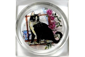 HENSITA Decorative Hand Painted Stained Glass Paperweight in a Black and White Cat Design.