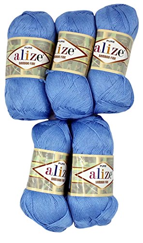 5 x 100 Gramm Bambuswolle blau Nr. 481, 500 Gramm 100% Bambus Strickwolle