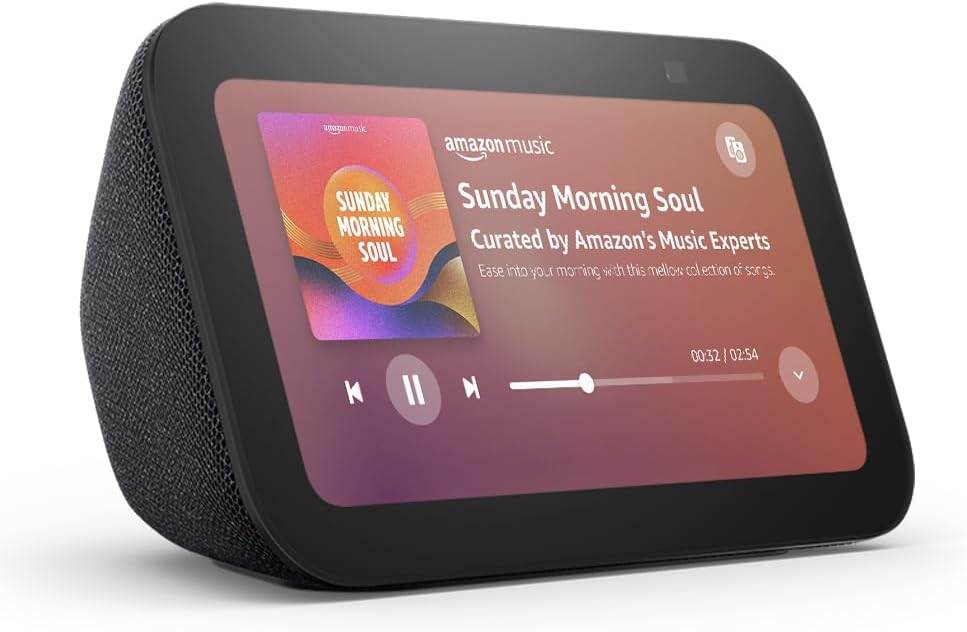 Echo Show 5 (Newest gen), Smart display and alarm clock with clearer sound, Charcoal, with Alexa+ Early Access