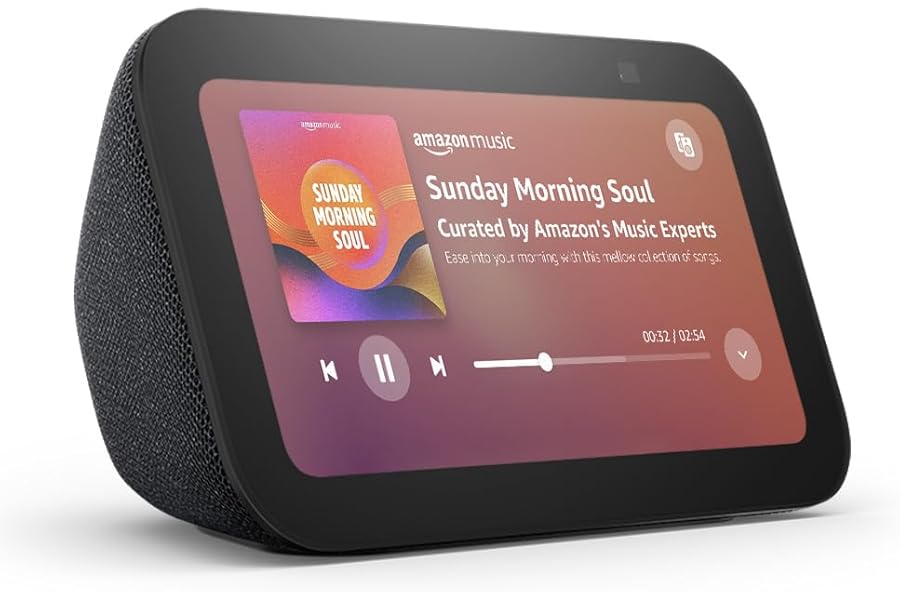 Echo Show 5 (Newest gen), Smart display and alarm clock with clearer sound, Charcoal, with Alexa+ Early Access