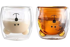 Amycute 2Pcs Tasse de Café à Double Paroi en Verre,Tasse à thé en Verre de Chat Ours, Tasse Mignonne, Tasses à Café Résistant à la Chaleur en Verre Borosilicate pour Thé, Lait, Cappuccino, Jus