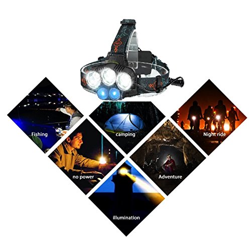 Stirnlampe , SGODDE led Kopflampe(inklusive 2 Akku), 3 x XML T6 + 2xR2 LED 18650 Kopfleuchten ideal für Nachtlese, Camping, Angeln,Abenteuer,Höhlenforschung , Bergsteigen , Klettern, Fahrrad usw - 5