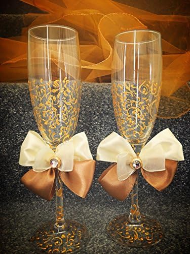Gold Hand Painted Wedding Champagne Flutes Glasses with Broche (5x21)