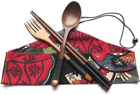 Natural Wooden dishware set Japanese style portable cutlery set with cloth bag for (TC1403)