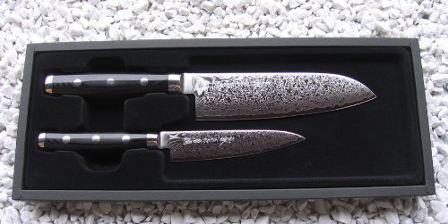 Caja de Regalo Damasco Gou Yaxell 101 - Cuchillo Santoku (Hoja de 16,5 cm + Cuchillo Universal de Hoja de 12 cm