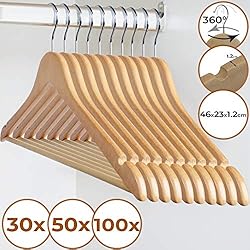 Cintres en Bois - Quantité au Choix ( Lot de 30/50/100) - d'érable sans échardes avec Barre antiglisse Encoches Conception, Crochet pivotant à 360° - pour Pantalons, et encoches pour jupe