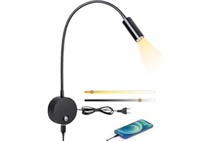 ERWEY Lampada da lettura da parete, lampada da comodino a LED da parete con interruttore touch, dimmerabile e presa di ricarica USB, 3W collo d'oca girevole a 360° con spina e cavo, 3000-6000K, nero