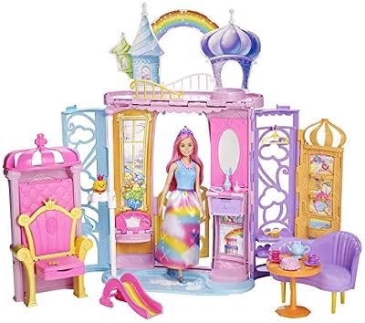 Barbie Mobilier Château Dreamtopia Arc-en-Ciel, Maison à Emporter avec 4 Espaces, avec Poupée, Chien Honey et 15 Accessoires inclus, Jouet pour Enfant, FRB15