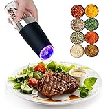 Hermoso diseño: solo una mano de funcionamiento. Sin necesidad de molienda manual, no hay necesidad de pulsar botones. Simplemente inclina el molinillo de pimienta de sal y el LED azul se encenderá, lo que indica que el molinillo está en funcionamiento. Vuelve a parar verticalmente. Pídela fácilmente mientras cocinas sin tener que moler manualmente en la parte superior de una sartén.