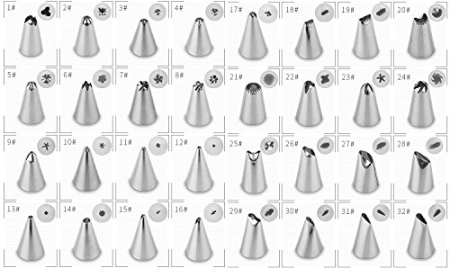 eSky24 Spritztüllen-Set, 38-teilig mit 32 Stück Garniertülle, 2 Spritzbeutel, 2 Adapter und 2 Blumennägeln für Plätzchen, Keksen und Torten aus Edelstahl inkl. Box - 3