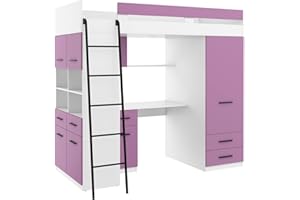 BIM Furniture Litera de nivel L, 200 x 90 cm, juego de cama alta para dormitorio, escritorio, armario, armario para niños, lado izquierdo (blanco/lavanda)