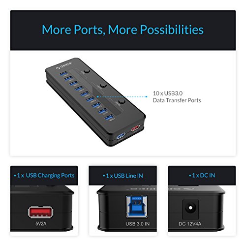 ORICO USB Hub (10 Ports, USB 3.0, 48W) mit Ladeport (2.1A Max), 3 elektronischen Schaltern, 12V 4A Netzteil – schnelles Ladegerät für iPhone iPad Samsung Galaxy – Highspeed Datenhub für Desktop-PC Computer Notebook MacBook iMac - 2