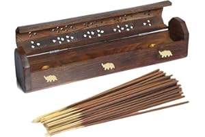 VR ANGLE VR Angel Wooden Incense Stick Holder Storage Box With 10-15 Incense Sticks, Handmade Brown Coffin Box, Ash Catcher With Brass Inlay, Perfect for Any Occasion (Elephant Design)