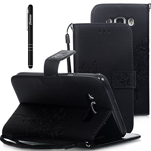 Slynmax Weich Leder Tasche Schutzhülle für Samsung Galaxy J5 (2016) DUOS Smartphone 5,2 Zoll Hülle mit Lanyard Flip Cover Wallet Case Etui Rose Blumen Embossed Design Hand Strap Brieftasche Lederhülle im Bookstyle Ultra Slim Ledertasche Handyhülle Schutz-Hülle Handytasche Shell Schale Klapphülle Rückseite mit Stand Ständer Credit Karten Slot und Magnet Magnetverschluss + 1x Eingabestift Touchstift Stylus