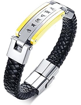 joielavie Schmuck Armband Armreif MANTRA OM MANI PADME HUM Sechs Worte geflochten Leder Edelstahl Armband Hand...