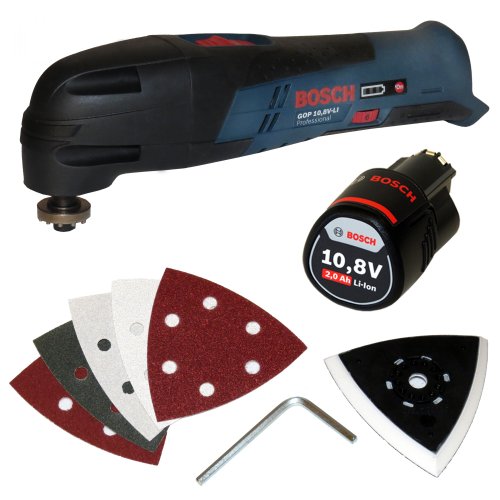 Bosch Akku Multifunktionswerkzeug GOP 10,8V-LI SOLO + Akku 10,8V 2,0Ah Li-Ion inkl. Schleifplatte, Schleifblätter und Stiftschlüssel