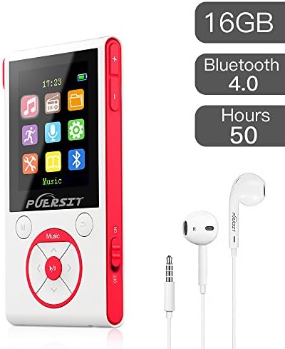 16GB MP3 Player,HiFi Bluetooth MP3 Player 50 Hours Playback Portable Music Player Lossless Sound Media Player By Puersit (White + Red)