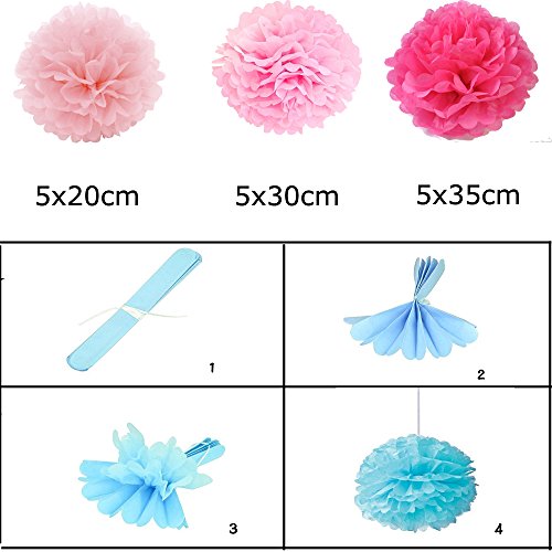 Freedom-vp Papier Pompom 15er 20cm/30cm/35cm Mixed DIY Papier Blumen PomPoms Zum Aufhängen Seidenpapier schöne Dekor für Geburtstag Hochzeitsfest Basteln Babyshower Dekoration Feier Party Baby-Duschen Brautduschen Wohnungdeko (Pink Set) - 2