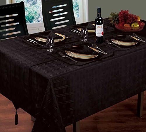 LUXURIOUS WOVEN CHECK JACQUARD BLACK TABLE CLOTH 52" X 70" 4 NAPKINS 4 PLACEMATS