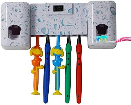 Automatic Toothpaste Dispenser Wall Mounted Kids Hands Free Double Squeezer Kits with 5 Toothbrush Stand Holder and Free Toothbrush Timer for Adults Children Shower Washroom bathroom Sink (White)