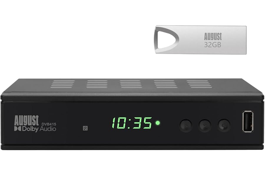 August DVB415 Freeview HD Box Recorder - 1080P Set Top Receiver Boxes for TV with Multimedia Player PVR for Recording, EPG, Timeshift, HDMI Scart, TV Aerial Required, 32G USB Stick Included