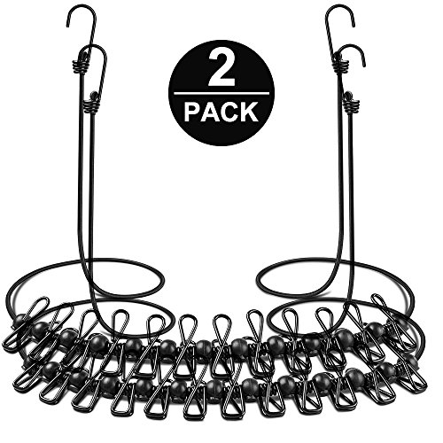 Preisvergleich Produktbild 2 Stück Wäscheleine, Furado Camping Wäscheleine, Reise Wäscheleine, Tragbar elastische 185-360cm, Flexible Wäscheleine Elastisch mit 12 Beschichteten Klammern und 13pcs Schwarze Positionierung Wölbungen für Reise Urlaub Outdoor Camping (Schwarz)