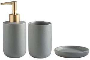 FülleMore 3-teiliges Bad Zubehör Set Keramik Bad Accessoire Set Einfarbig Badausstattung Set Badezimmer-Zubehör-Set aus Seifenspender, Zahnputzbecher, Seifenschale (Matt-Grau)