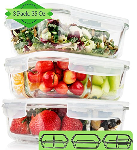 1, 2, 3 Compartment Glass Meal Prep Containers (3 Pack, 1000 ML)