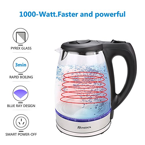 Homdox Wasserkocher Glas Edelstahl Blaue LED Beleuchtung 1,7 Liter, 2200 Watt Maximal, Elektrische Wasserkessel Automatische Abschaltung - 5
