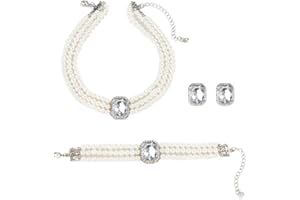 Gkaopi Women's Pearl Jewellery Set 3 PCS Pearl Necklace Earrings Bracelet Set Vintage Multilayer Pearl Crystal Necklace Bracelet Jewellery Gift for Valentines Birthday Mothers Day Party Weddings