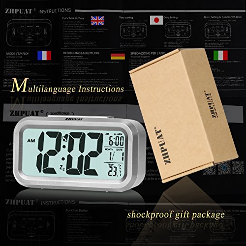 ZHPUAT Digital-Wecker Digitaluhr große LCD-Ziffern mit Hintergrundbeleuchtung Metallfarbe Hellgrau - 6