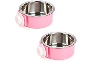 Fuwok 2-IN-1 Removable Dog Bowl for Crates Puppy Food Feeder Water Dish with Bolt Holder Stainless Steel Pet Hanging Bowl Food Water Bowl 2Pcs/Set (Small - Round, Pink)