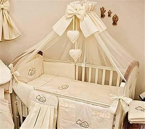 10 Piece Duvet, Cot Bumper Set / Nursery Bedding Sets with Canopy (to fit Cot Bed 140x70cm, "Sleepy Bear" - Check Cream)