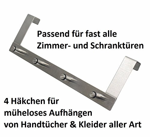 Türhakenleiste Türhängeleiste für Türen bis ca. 20 mm Falzstärke Edelstahl 30 x 10 cm Silber 4 Haken bis Max 8 kg belastbar (1stk) - 3