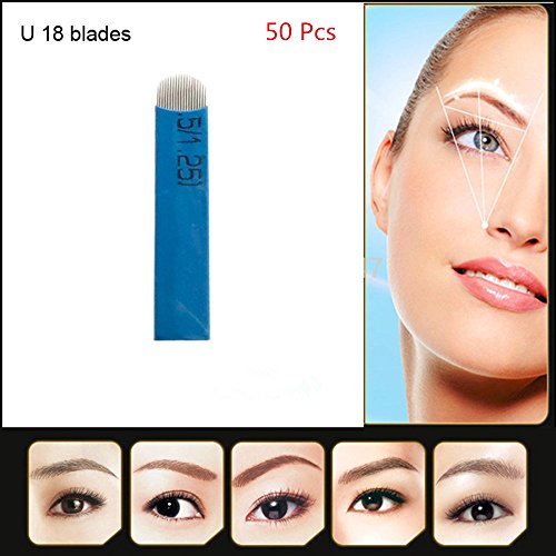 Pinkiou Pack of 50Pcs Eyebrow Tattoo Needles Stainless Steel Microblading Pen Needles Disposable Permanent Makeup Blade (18 Pin )