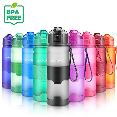 WIN-POST Bottiglia d'Acqua Sportiva 500ml/700ml/1 litro, Senza bpa tritan plastica, Riutilizzabile & a Prova di perdite Borraccia Acqua a con Filtro per Bambino, Scuola, Palestra, Sport (Grey, 500ml)