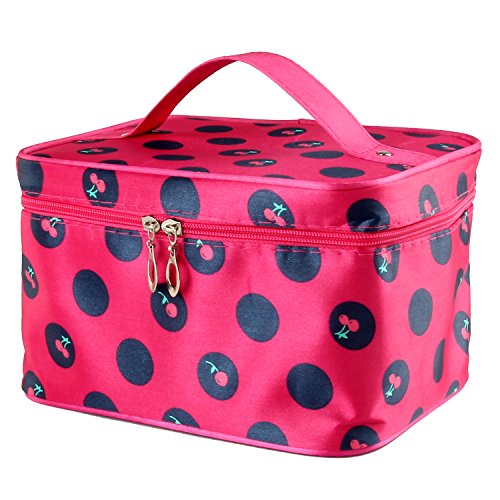 Discoball Lady Women Cosmetic Makeup Toiletry Travel Wash Bag Holder Mirror Case Organizer(Rose red + Cherry)