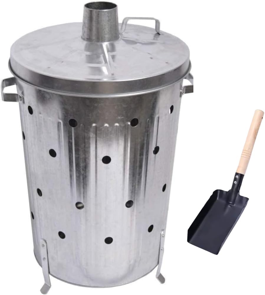 Trendi 90 Litre Extra Large 90L Galvanised Metal Incinerator + Shovel Recycle Garden Rubbish Fire Wood Burner Burning Leaves Hot Ash Bucket Coal & Box Lid (90L Incinerator & Shovel)