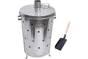 Trendi 90 Litre Extra Large 90L Galvanised Metal Incinerator + Shovel Recycle Garden Rubbish Fire Wood Burner Burning Leaves Hot Ash Bucket Coal & Box Lid (90L Incinerator & Shovel)