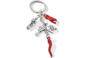 GOBFAR Chili Peperoni Schlüsselanhänger, Anhänger Schlüsselring Chili Peperoni, Chilischoten,, aus Stahl, italienisches Symbol, Füllhorn, Edelstahl Schlüsselanhänger Anhänger Glückshufeisen (Silber und Rot)