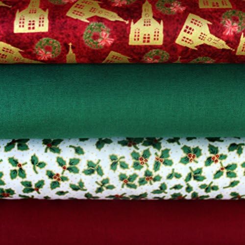 Christmas Fabric Fat Quarter Bundle 100% COTTON 4 Piece FQ Traditional Red, Green and Cream Patterns. For Christmas Craft Projects like Stockings, Advent Calendars and Gifts