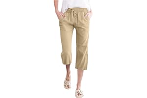GENÉRICO Pantalones Mujer Verano Rectos Lino de Algodón Cintura Alta Elástica con Cordón Pantalones Capri Ligeros Casual 3/4 Pantalón con Bolsillos para Playa