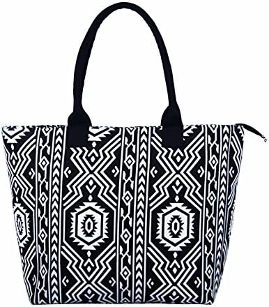 Large Canvas Shopper Tote Beach Bag fully lined Assorted designs (Aztec Black &amp; White)