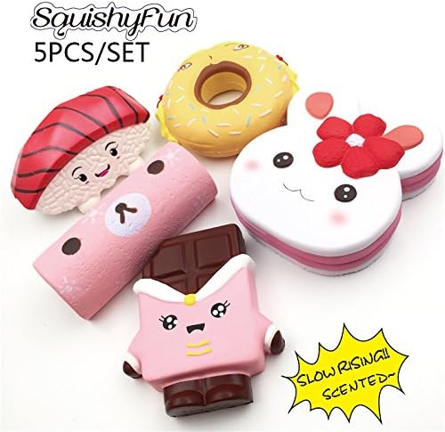 Kawaii4girl Squishy Sets 5PCS Straps Charm Soft Squishies Pancake Girl Donut Rilakkuma Swiss Cake Chocolate Sushi