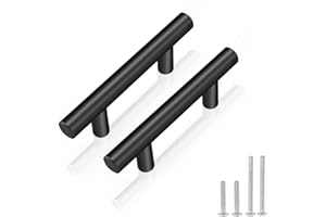 PinLin 5 Pack Kitchen Door Handles 64mm Hole Centre Flat Black Cabinet Handles Stainless Steel Cupboard T Bar Handle (Screws Included)