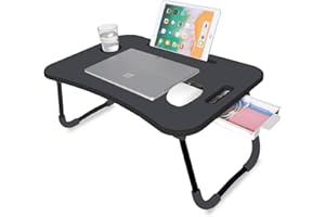 unycos - Plateau de Petit Déjeuner, Table de Lit Pliante Multifonctionnel, Plateau Bois, Support Ordinateur Portable avec Poignée, Porte-Gobelets, Porte-Tablette 60x40x26cm (Noir Nouveau avec Tiroir)