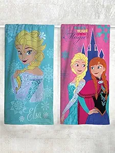 Athom Living Disney Frozen Anna & Elsa Premium 100% Cotton Kids Bath Towel 350 GSM 60x120 cm Pack of 2