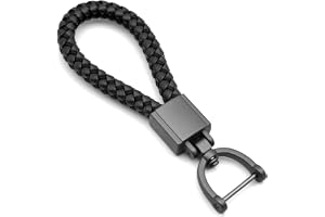 DELFINO Metal Car Keychain, Universal Black Leather, Metal Keyring Woven Strap Braided Rope Key Chain for Men and Women - Matte Black Color, with 360 Degree Rotatable D-Ring with Removal Tool