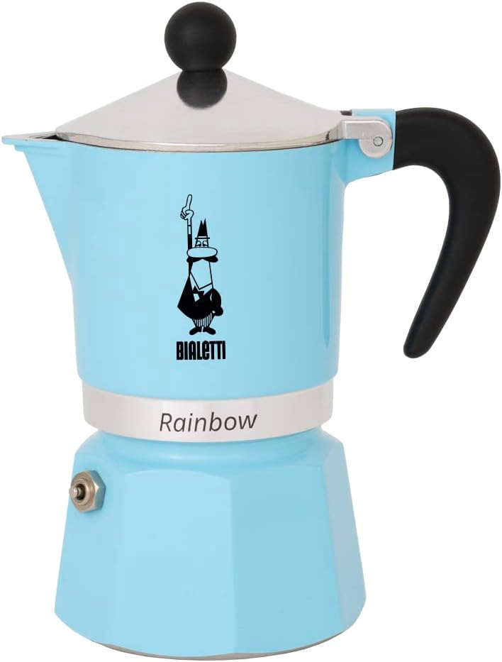 Bialetti - Rainbow: 3 Cups Ocak Üstü Espresso Pişirici - 130ml - Açık Mavi Renk - Alüminyum Gövde - Patentli Güvenlik Valfi - Tüm Ocak Türleri İçin Uygundur (İndüksiyon Hariç)